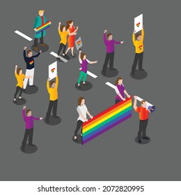 Desfile de protesta LGBT 3d concepto de ilustración vectorial isométrica para banner, sitio web, página de inicio, anuncios, plantilla de volante