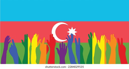 Protestas LGBT frente a la bandera de Azerbaiyán, alzan siluetas en una bandera de Azerbaiyán, celebraciones LGBT, cartel, tarjeta