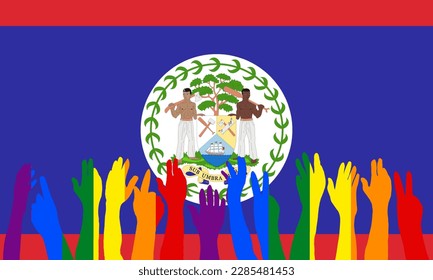 LGBT protests in front of the Belize flag, Hands up silhouettes on a Belize flag, LGBT Celebrations, Card, Banner