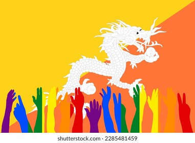 LGBT protests in front of the Bhutan flag, Hands up silhouettes on a Bhutan flag, LGBT Celebrations, Card, Banner