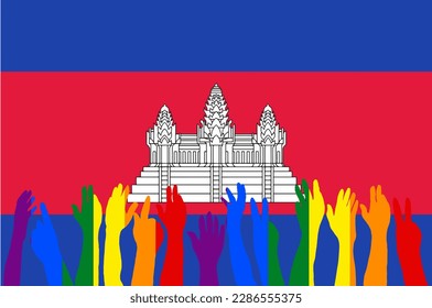 LGBT protests in front of the Cambodia flag, Hands up silhouettes on a Cambodia flag, LGBT Celebrations, Card, Banner