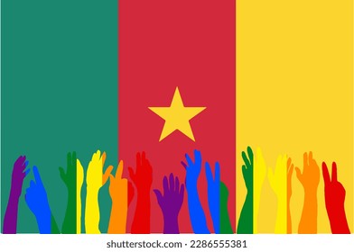 LGBT protests in front of the Cameroon flag, Hands up silhouettes on a Cameroon flag, LGBT Celebrations, Card, Banner