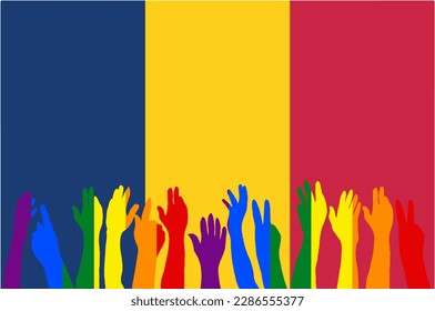 LGBT protests in front of the Chad flag, Hands up silhouettes on a Chad flag, LGBT Celebrations, Card, Banner