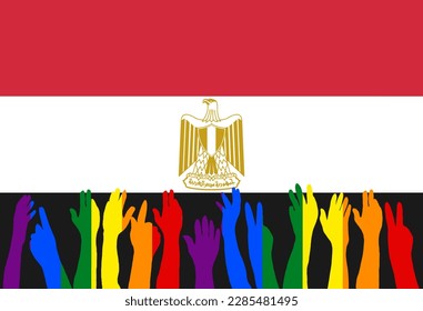LGBT protests in front of the Egypt flag, Hands up silhouettes on a Egypt flag, LGBT Celebrations, Card, Banner