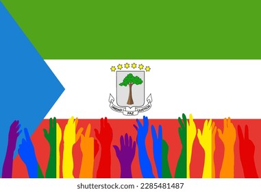 LGBT protests in front of the Equatorial Guinea flag, Hands up silhouettes on a Equatorial Guinea flag, LGBT Celebrations, Card, Banner