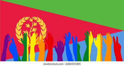 LGBT protests in front of the Eritrea flag, Hands up silhouettes on a Eritrea flag, LGBT Celebrations, Card, Banner