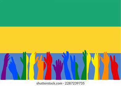 LGBT protests in front of the Gabon flag, Hands up silhouettes on a Gabon flag, LGBT Celebrations, Card, Banner