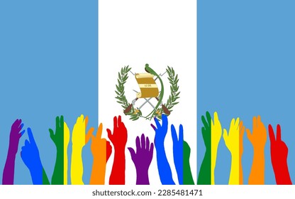 LGBT protests in front of the Guatemala flag, Hands up silhouettes on a Guatemala flag, LGBT Celebrations, Card, Banner