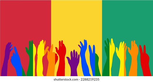 LGBT protests in front of the Guinea flag, Hands up silhouettes on a Guinea flag, LGBT Celebrations, Card, Banner