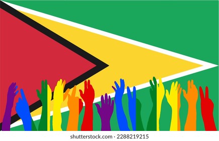 LGBT-Proteste vor der Flagge von Guyana, Hände-zu-Silhouetten auf Guyana-Flagge, LGBT-Feiern, Karte, Banner