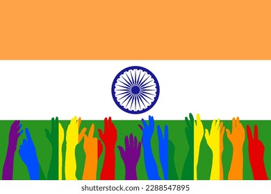 LGBT protests in front of the India flag, Hands up silhouettes on a India flag, LGBT Celebrations, Card, Banner