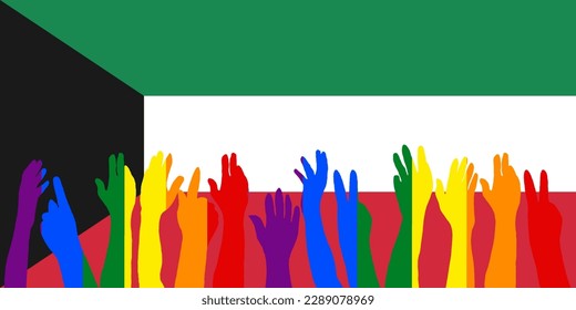 LGBT-Proteste vor der Kuwait-Flagge, Hands-Up-Silhouetten auf einer Kuwait-Flagge, LGBT-Feiern, Card, Banner
