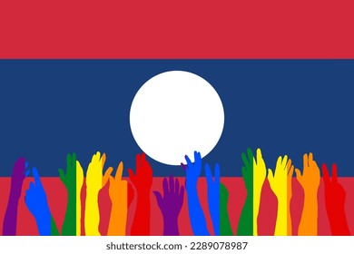 LGBT protests in front of the Laos flag, Hands up silhouettes on a Laos flag, LGBT Celebrations, Card, Banner