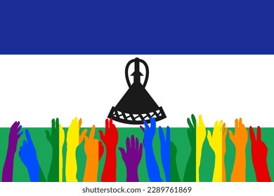 LGBT protests in front of the Lesotho flag, Hands up silhouettes on a Lesotho flag, LGBT Celebrations, Card, Banner