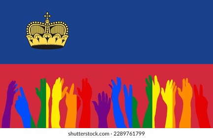 LGBT-Proteste vor der Flagge Liechtensteins, Hands-Up-Silhouetten auf liechtensteinischer Flagge, LGBT-Feiern, Card, Banner