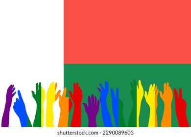 LGBT protests in front of the Madagascar flag, Hands up silhouettes on a Madagascar flag, LGBT Celebrations, Card, Banner