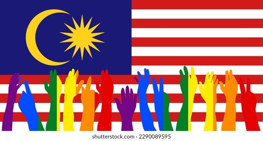 Protestas LGBT frente a la bandera de Malasia, alzando siluetas en una bandera de Malasia, celebraciones LGBT, tarjetas, pancartas