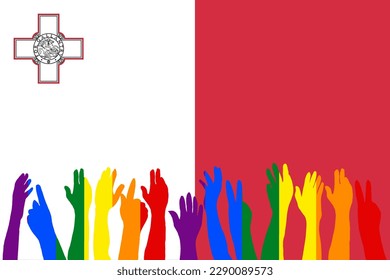 LGBT protests in front of the Malta flag, Hands up silhouettes on a Malta flag, LGBT Celebrations, Card, Banner