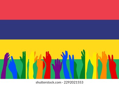 Protestas LGBT frente a la bandera de Mauricio, Silhouettes colocadas en la bandera de Mauricio, celebraciones LGBT, tarjeta, cartel