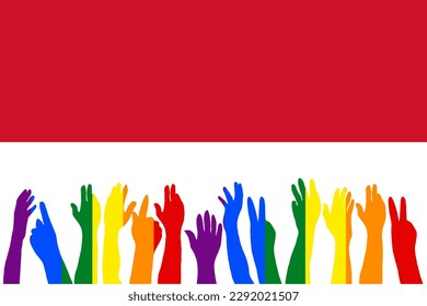 LGBT protests in front of the Monaco flag, Hands up silhouettes on a Monaco flag, LGBT Celebrations, Card, Banner