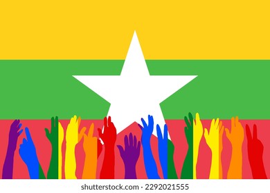Protestas LGBT frente a la bandera de Birmania, alzar siluetas en la bandera de Birmania, celebraciones LGBT, tarjeta, cartel