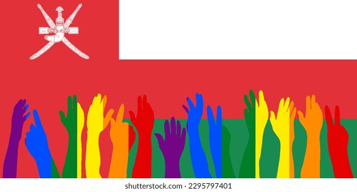 LGBT protests in front of the Oman flag, Hands up silhouettes on a Oman flag, LGBT Celebrations, Card, Banner