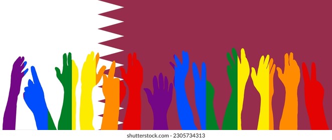 LGBT protests in front of the Qatar flag, Hands up silhouettes on a Qatar flag, LGBT Celebrations, Card, Banner