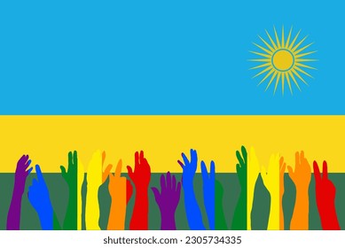 LGBT protests in front of the Rwanda flag, Hands up silhouettes on a Rwanda flag, LGBT Celebrations, Card, Banner