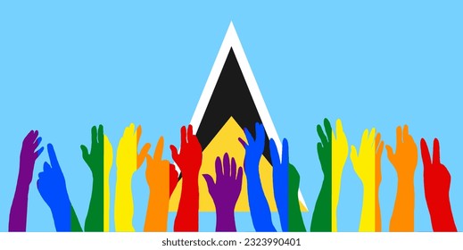 Protestas LGBT frente a la bandera de Santa Lucía, alzando siluetas en la bandera de Santa Lucía, celebraciones LGBT, tarjeta, cartel