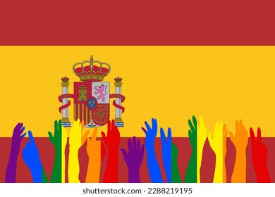 LGBT protests in front of the Spain flag, Hands up silhouettes on a Spain flag, LGBT Celebrations, Card, Banner