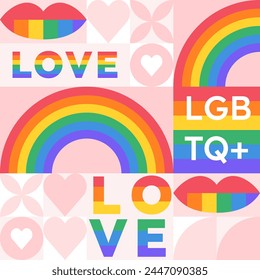 Fondo del arco iris LGBT. Patrón sin fisuras LGBT. Mes del orgullo LGBTQIA. Estilo geométrico minimalista. Tarjeta, Anuncio, afiche con la bandera LGBT arco iris, corazón y amor. Vector de medios sociales post Plantilla.