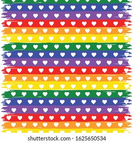 LGBT rainbow colored flag made with brush strokes, with white hearts pattern on top, colorful background
