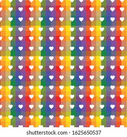 LGBT rainbow colored flag made with brush strokes, with white hearts pattern on top, colorful background