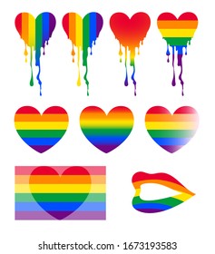 LGBT rainbow coloured hearts, vector illustrations set, including colourful flag and lips.