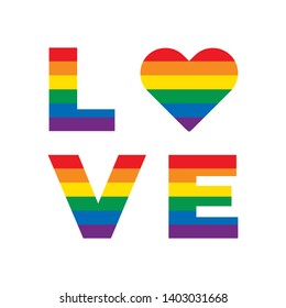 LGBT rainbow equality symbols. Love slogan. Love sign with rainbow lgbt flag heart isolated on white background.