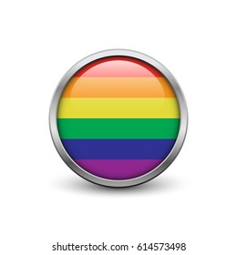 LGBT rainbow flag, button with metal frame and shadow