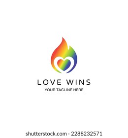 LGBT Rainbow Flag Fiery Heart Vector Logo. Love wins,  Be Yourself.  Design Symbol for LGBT Pride, Social Post, Logo, Print, Banner, Web. Gender equality, tolerance and pride concept.