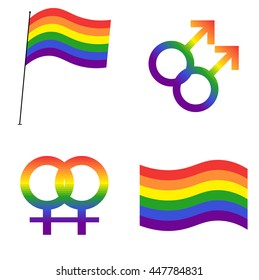 LGBT rainbow flag. Gay men symbol. Lesbian symbol. Icon set. Vector illustration.