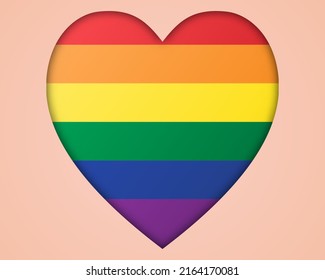 LGBT Rainbow Flag Heart In Pink Background Papercut Background Illustration. Abstract Background Of Heart In Rainbow Color. LGBT Pride Symbol. Vector Illustration.