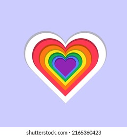 LGBT Rainbow Flag Heart in purple background papercut background Illustration. Abstract background of heart in rainbow color. LGBT pride  symbol. Vector illustration.