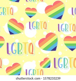 LGBT rainbow flag in a heart shape and text, seamless pattern. Repetitive colorful background for pride month, equality and freedom.