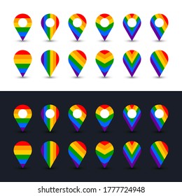LGBT Rainbow Flag. Map pin icon. Location sign for LGBTQ+ rights movement. Symbol for community. Shape of six color stripes: red, orange, yellow, green, blue, violet. Vector illustration EPS