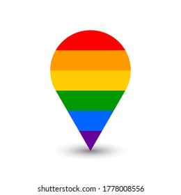 LGBT Rainbow Flag. Map pin icon. Location sign for LGBTQ+ rights movement. Symbol for community. Shape of six color stripes: red, orange, yellow, green, blue, violet. Vector illustration EPS