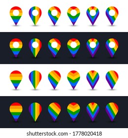 LGBT Rainbow Flag. Map pin icon. Location sign for LGBTQ+ rights movement. Symbol for community. Shape of six color stripes: red, orange, yellow, green, blue, violet. Vector illustration EPS
