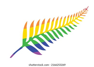 LGBT rainbow flag set below the silver fern of new zealand all isolated on a white background