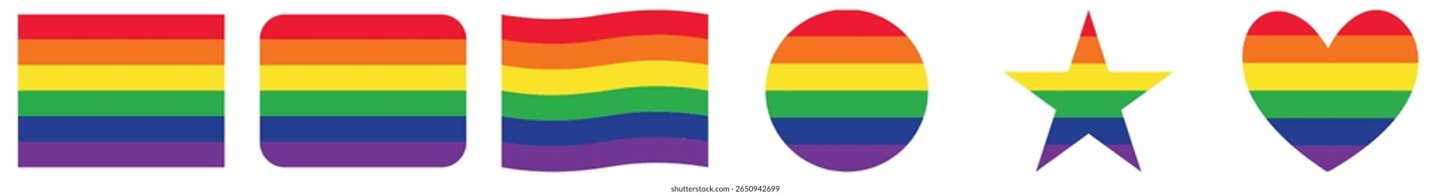 LGBT Rainbow flag vector icon set. Styles include heart, round, star,  stripes, and waving