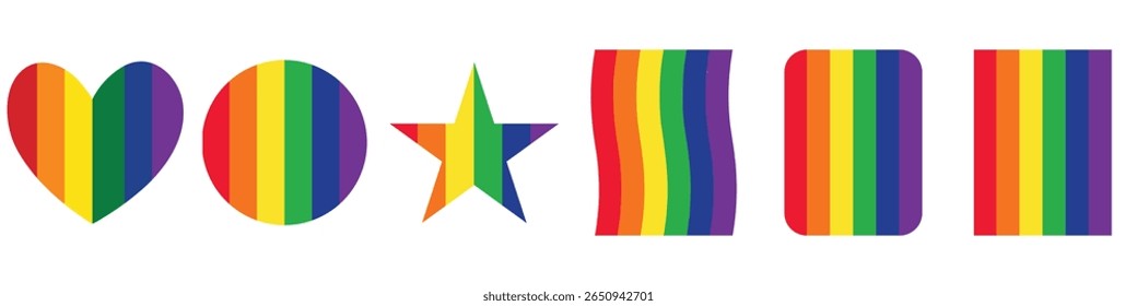 LGBT Rainbow bandeira vetor ícone conjunto. Os estilos incluem coração, redondo, estrela, listras e ondulação