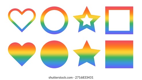 Vektorsymbole der LGBT-Regenbogenflagge. Herz, Kreis, Stern und Quadrat-Symbol mit weichem Farbverlauf