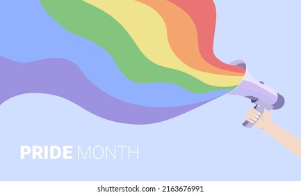 LGBT rainbow flag wave flowing flutter of lesbian, gay, and bisexual colorful concept with megaphone in a hand. Pride month background or poster.