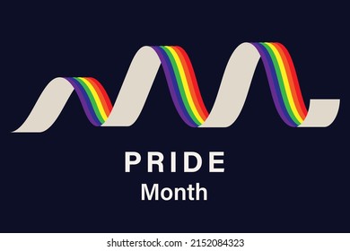 LGBT rainbow flag waves. Horizontal poster with ribbon symbol of LGBTQ community on a dark background. PRIDE month text. Template design for card, banner, poster. Vector illustration. 